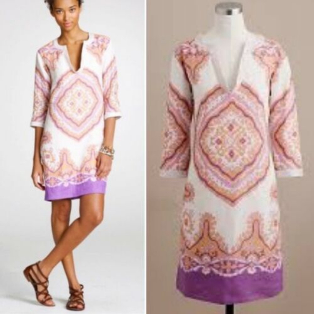 NWT J. Crew Boho Beach Travel Linen Bazaar Woven Tunic Dress | Cream Purple sz 4